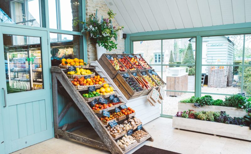 A display of fresh organic fruit and vegetables at Daylesford Farm