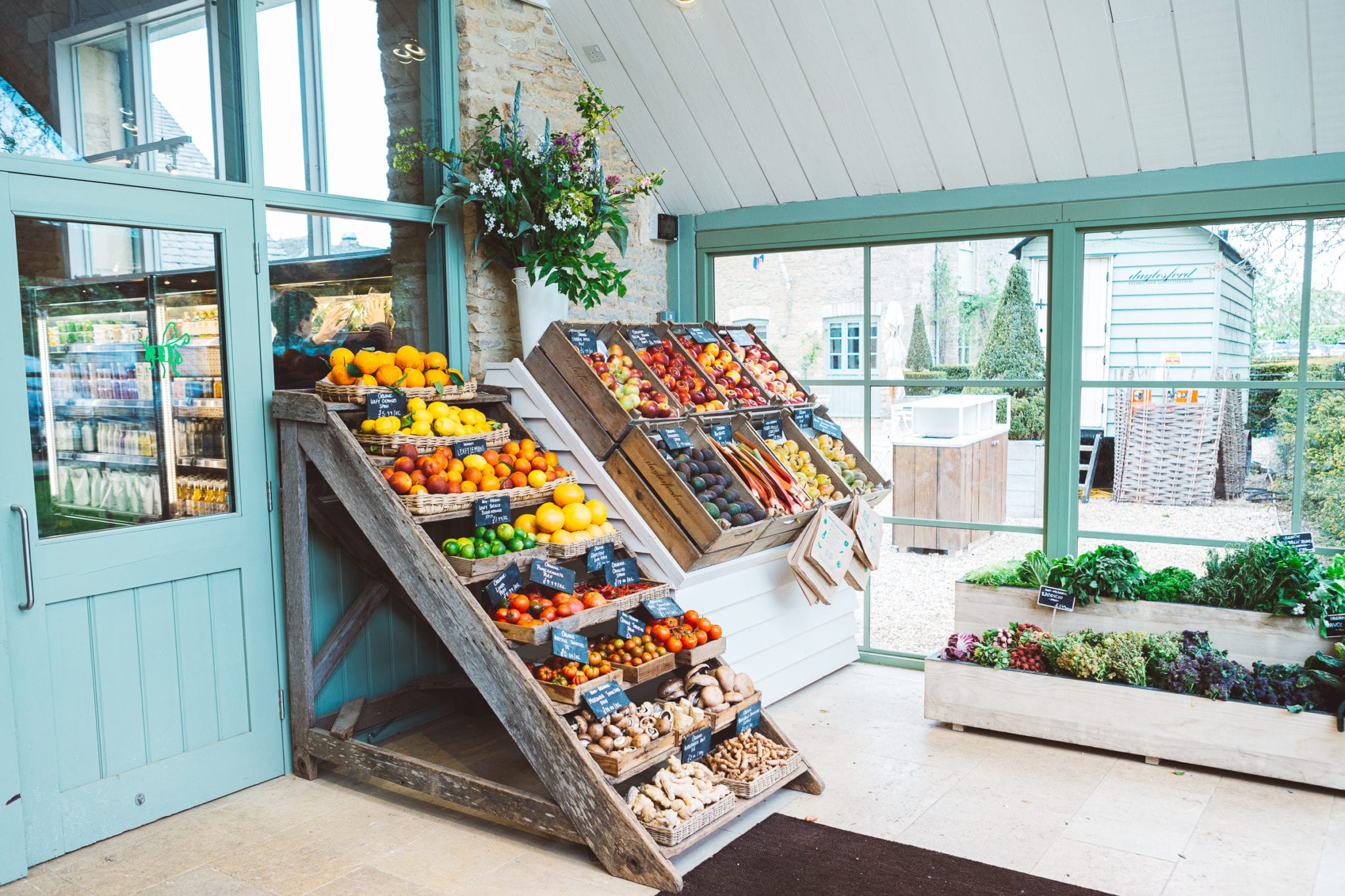 A display of fresh organic fruit and vegetables at Daylesford Farm