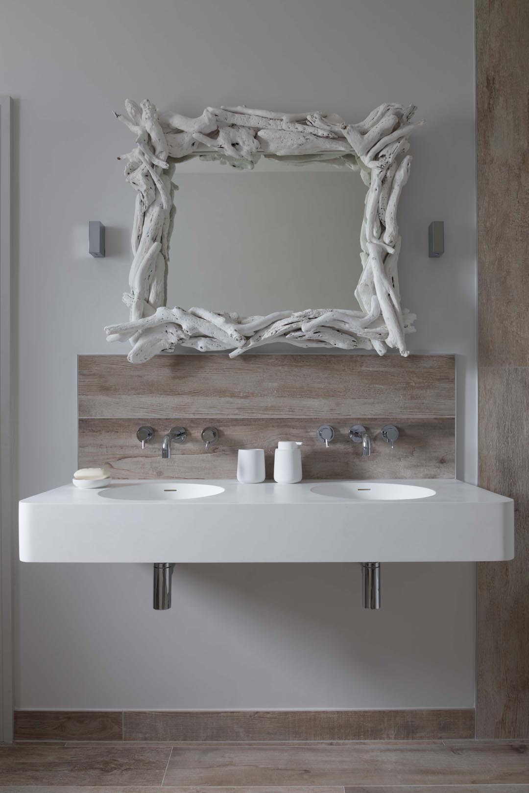 Cart Shed bathroom basins with whitewash wood mirror
