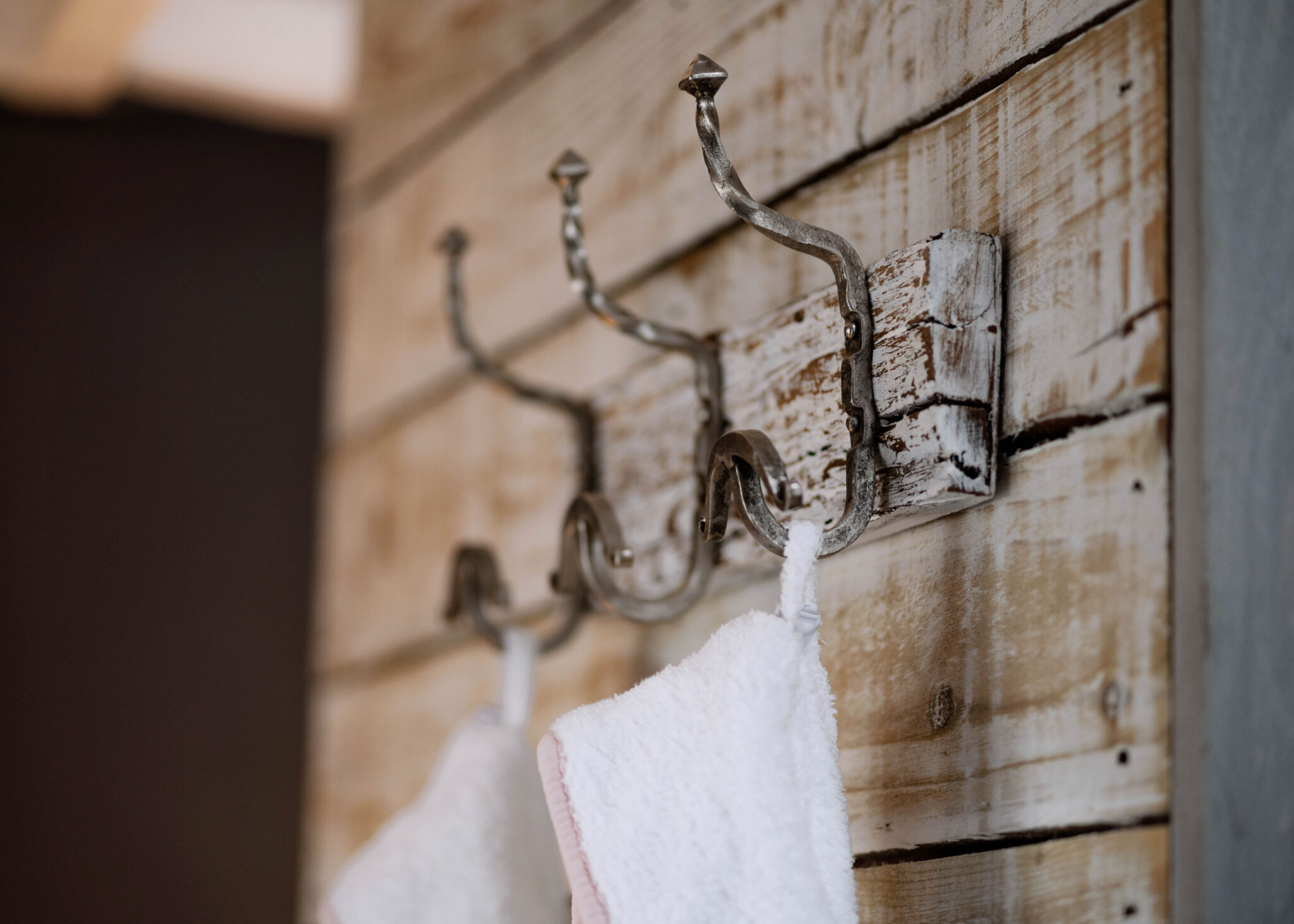 Wooden clad walls with nautical clothes hooks