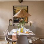 Modern neutral design dining room with rattan lampshades