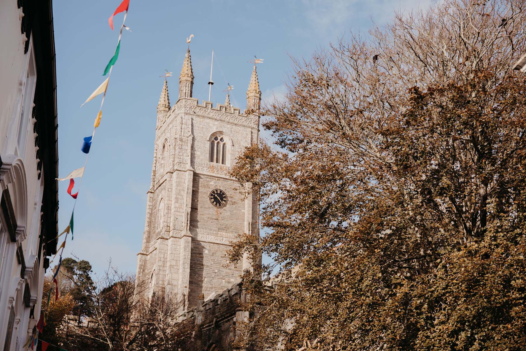 Church tower with flag bunting