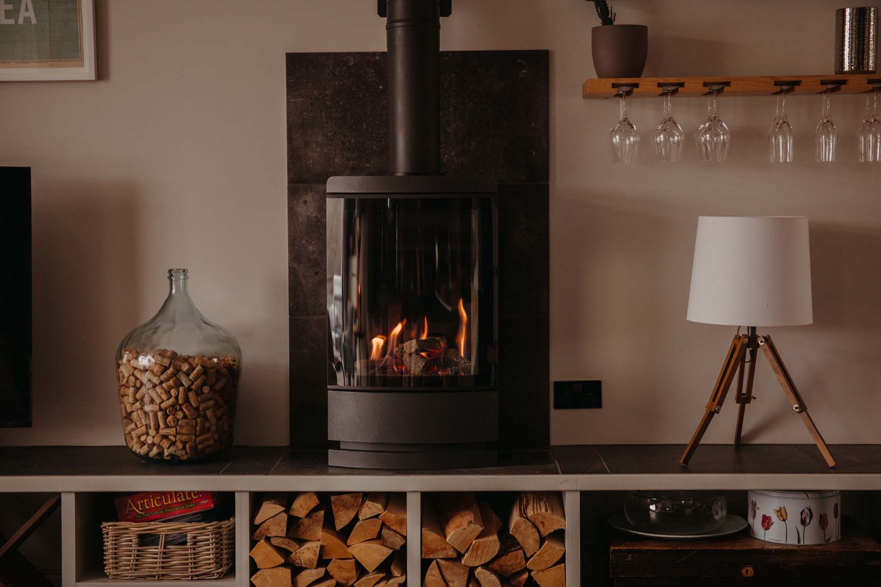 Modern black wood burning stove
