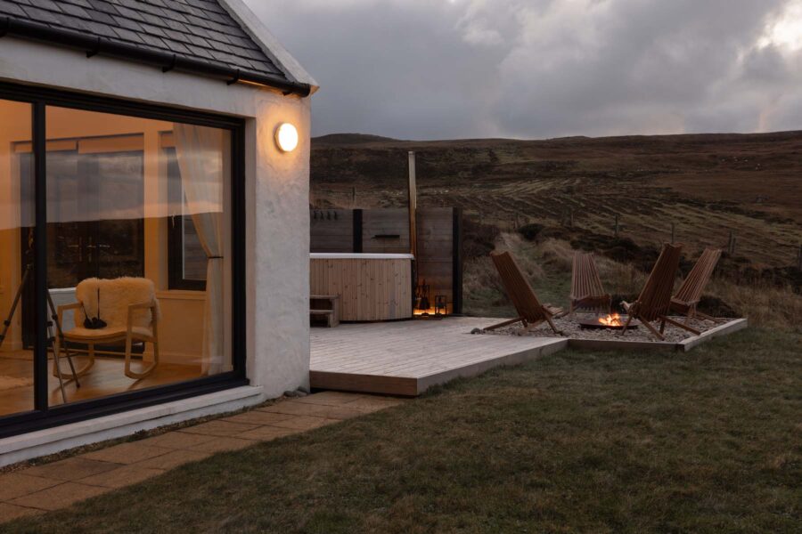 Milovaig House Exterior with Hot Tub and Fire Pit