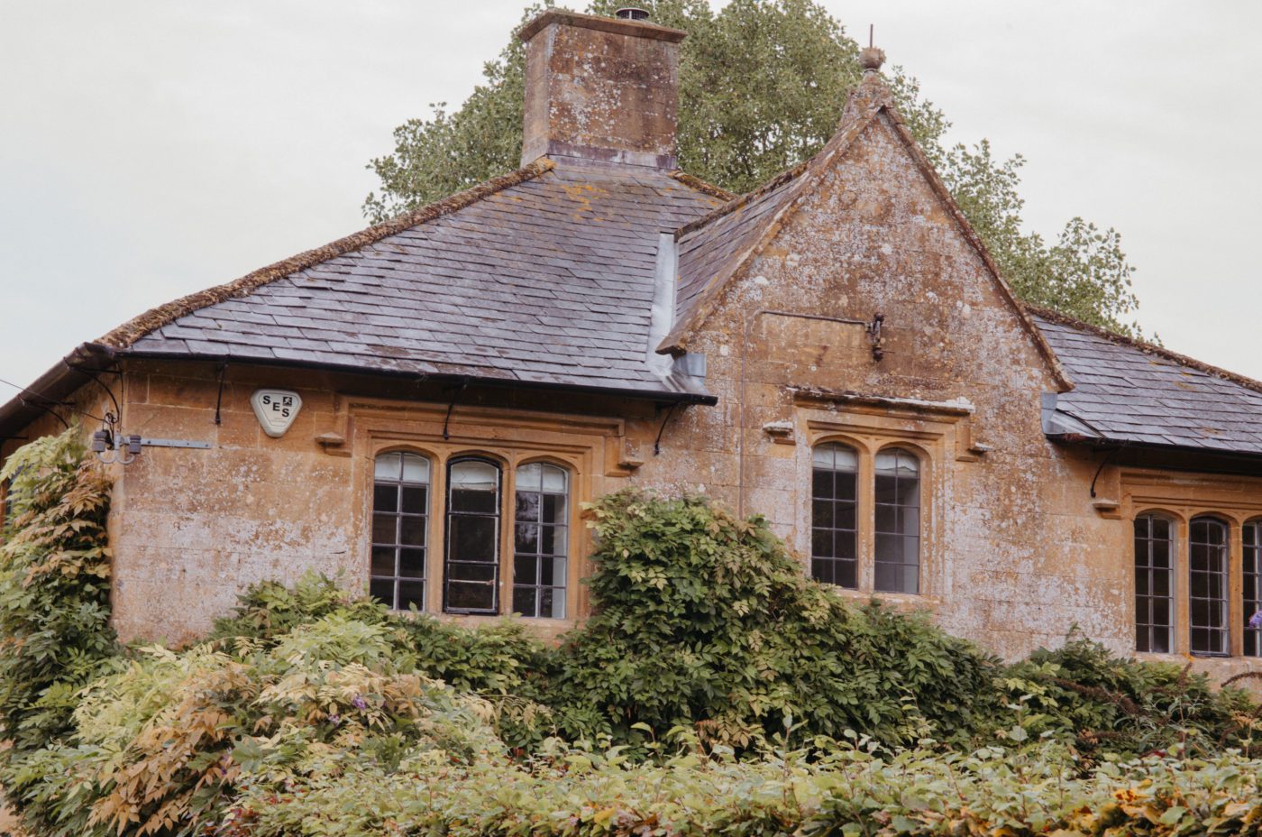 Detail of upstairs and roof of a country house with pretty old windows and climbing plants