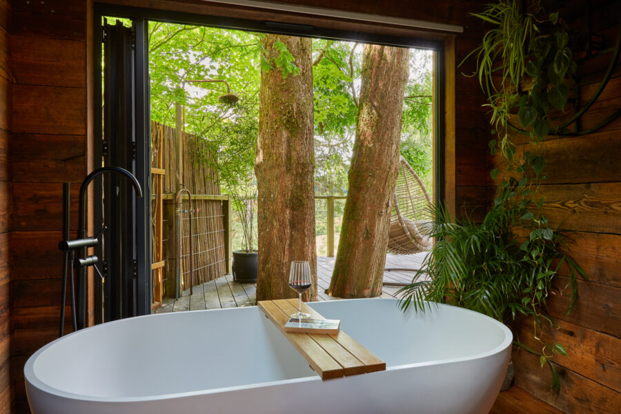 bathtub with wine glass and book
