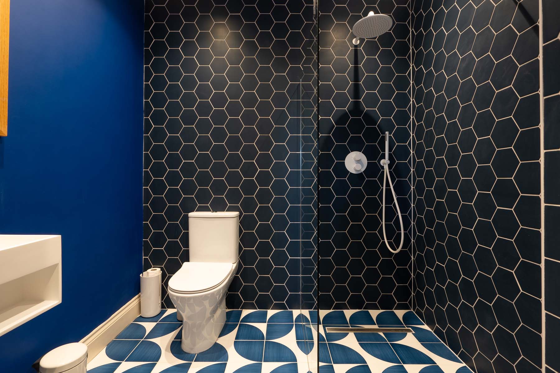 WC and shower with funky blue tiles