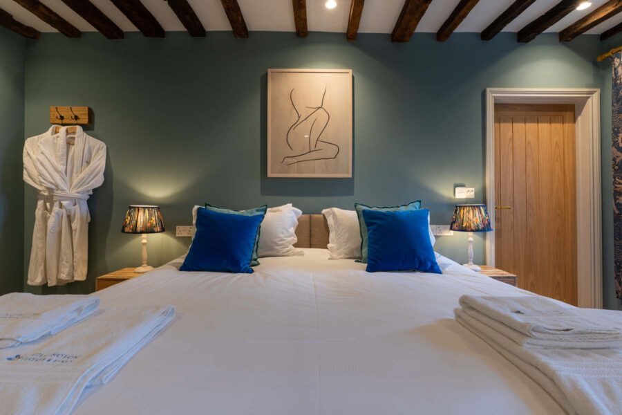 Front view of bedroom with abstract line art