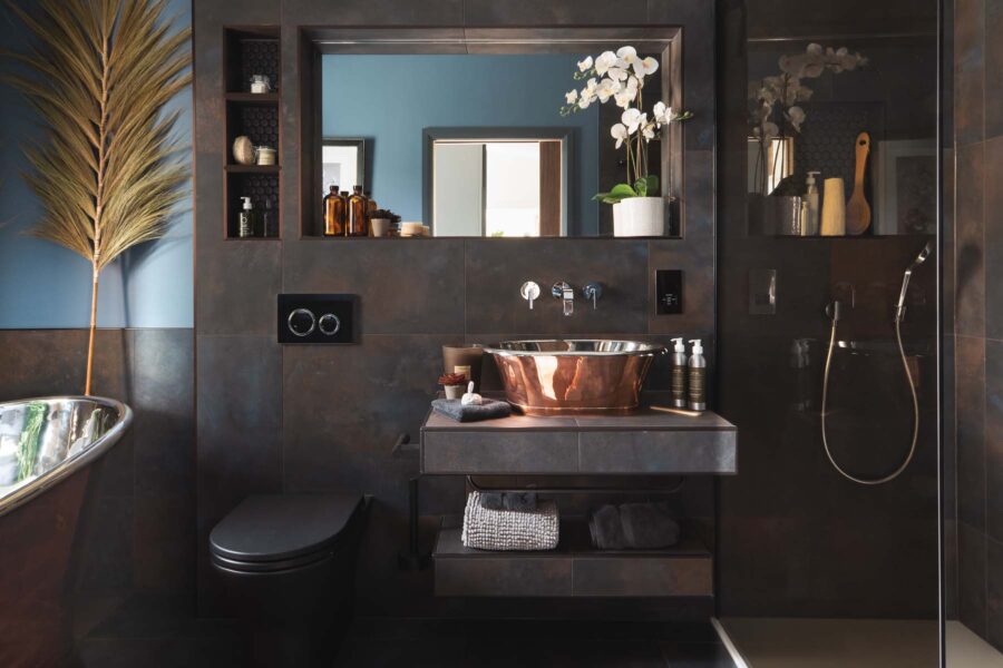 Close up of copper bathroom sink