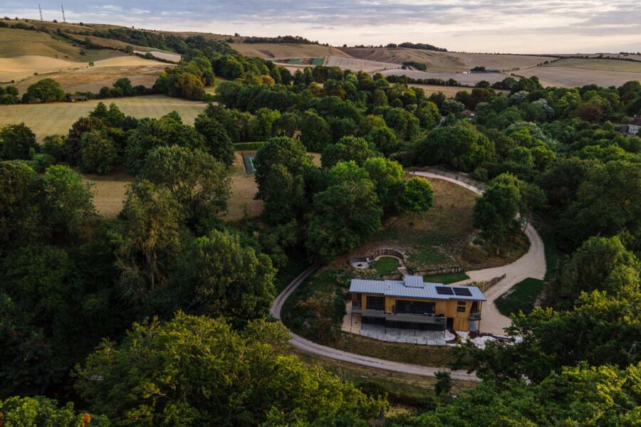 Drone view of Hyggee House lakeside cabin