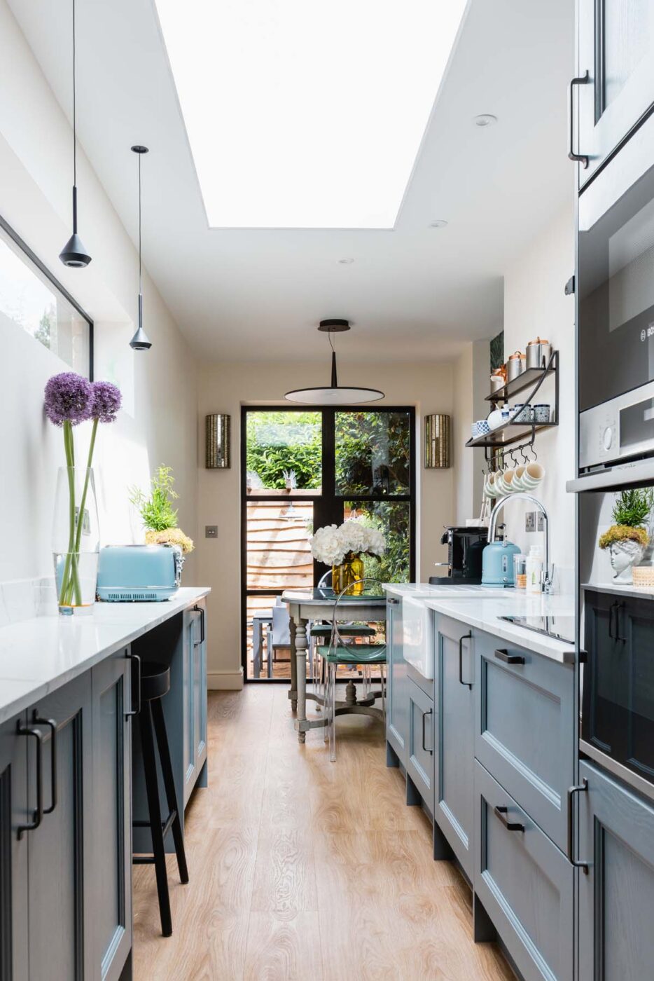 Long Blue Cabinet Kitchen