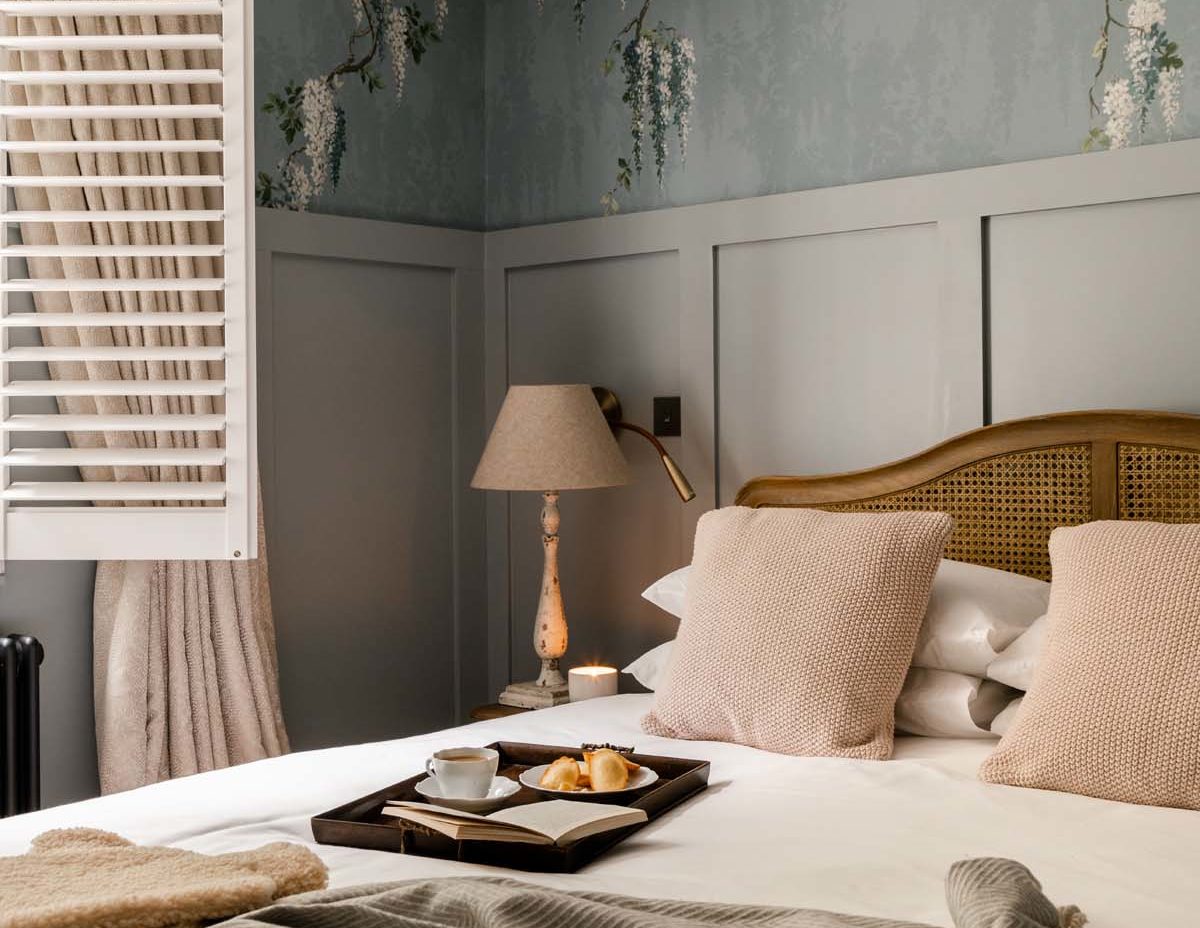 Blue Wisteria Wallpaper Bedroom with Breakfast Tray