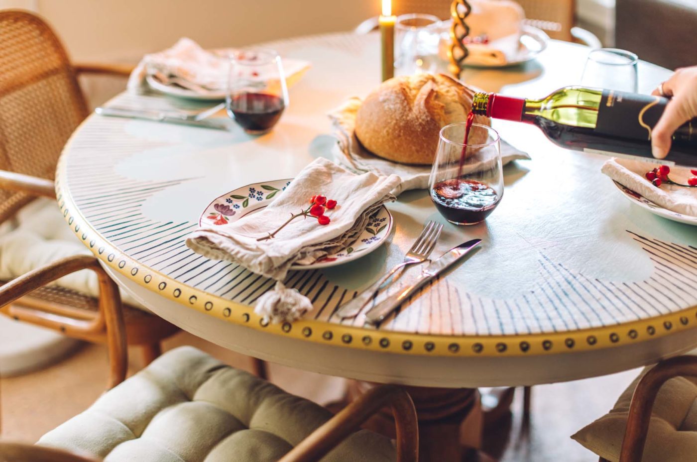 Painted round table with festive decorations