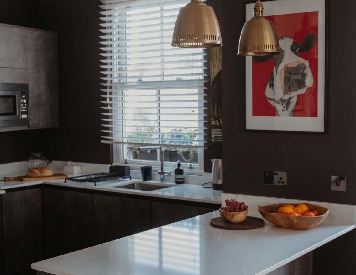 Grey slate kitchen with white counter