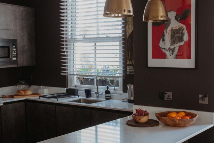 Grey slate kitchen with white counter