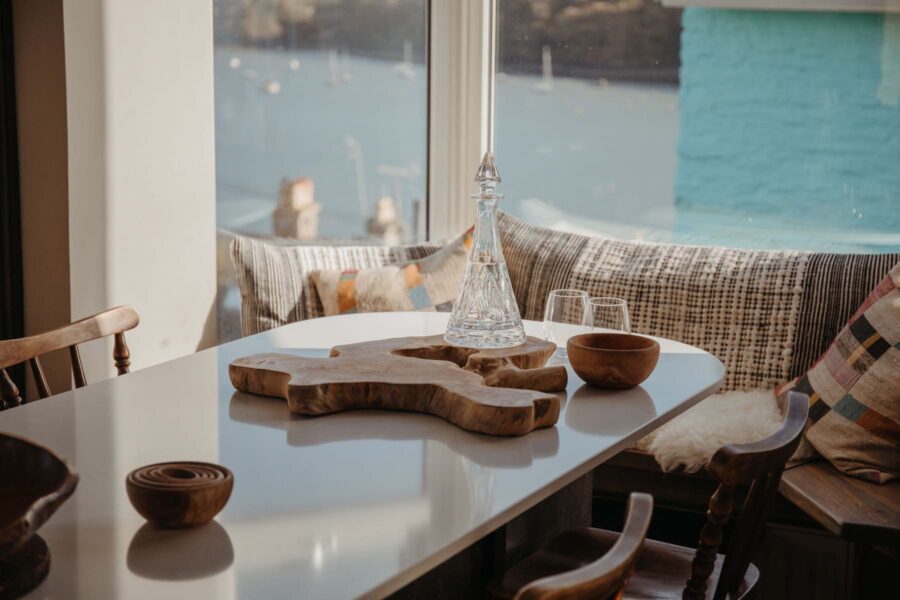 Breakfast table with window seat with view of Fowey Estuary