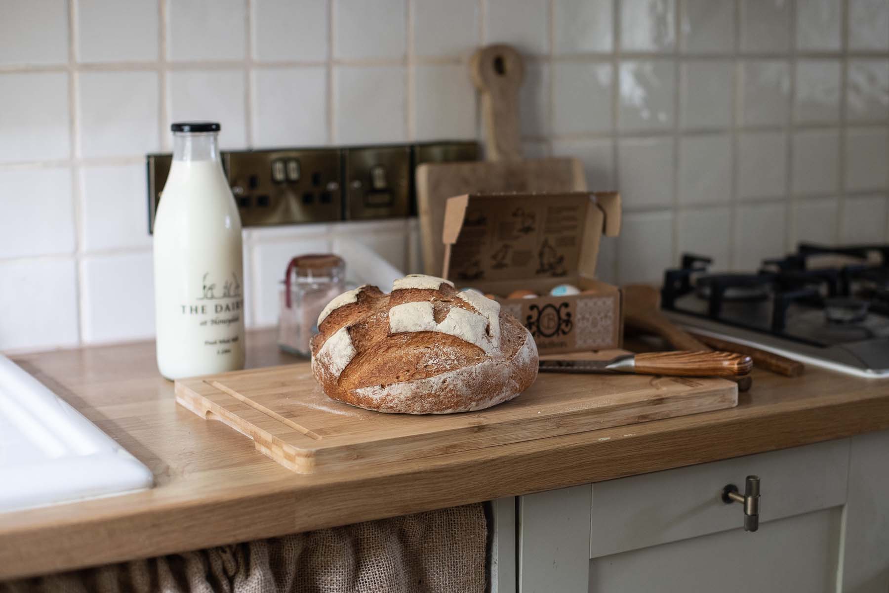 bread and milk in kitchen