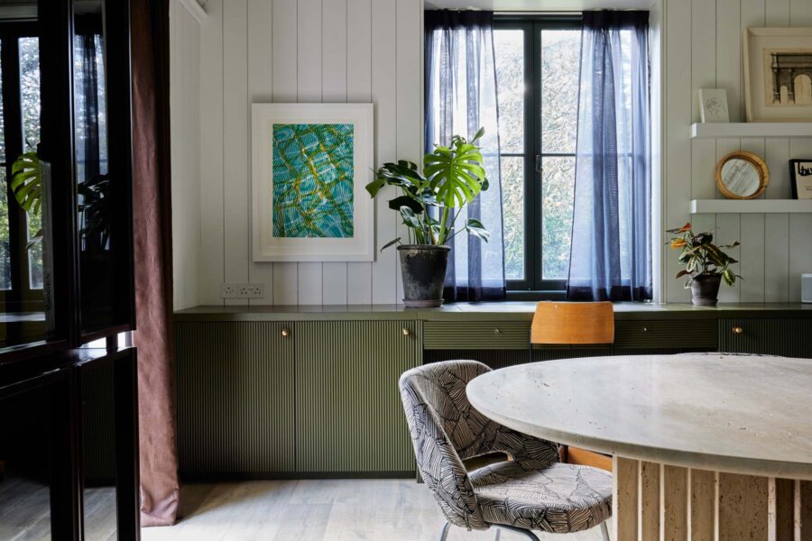 Dining table and desk counter with window above