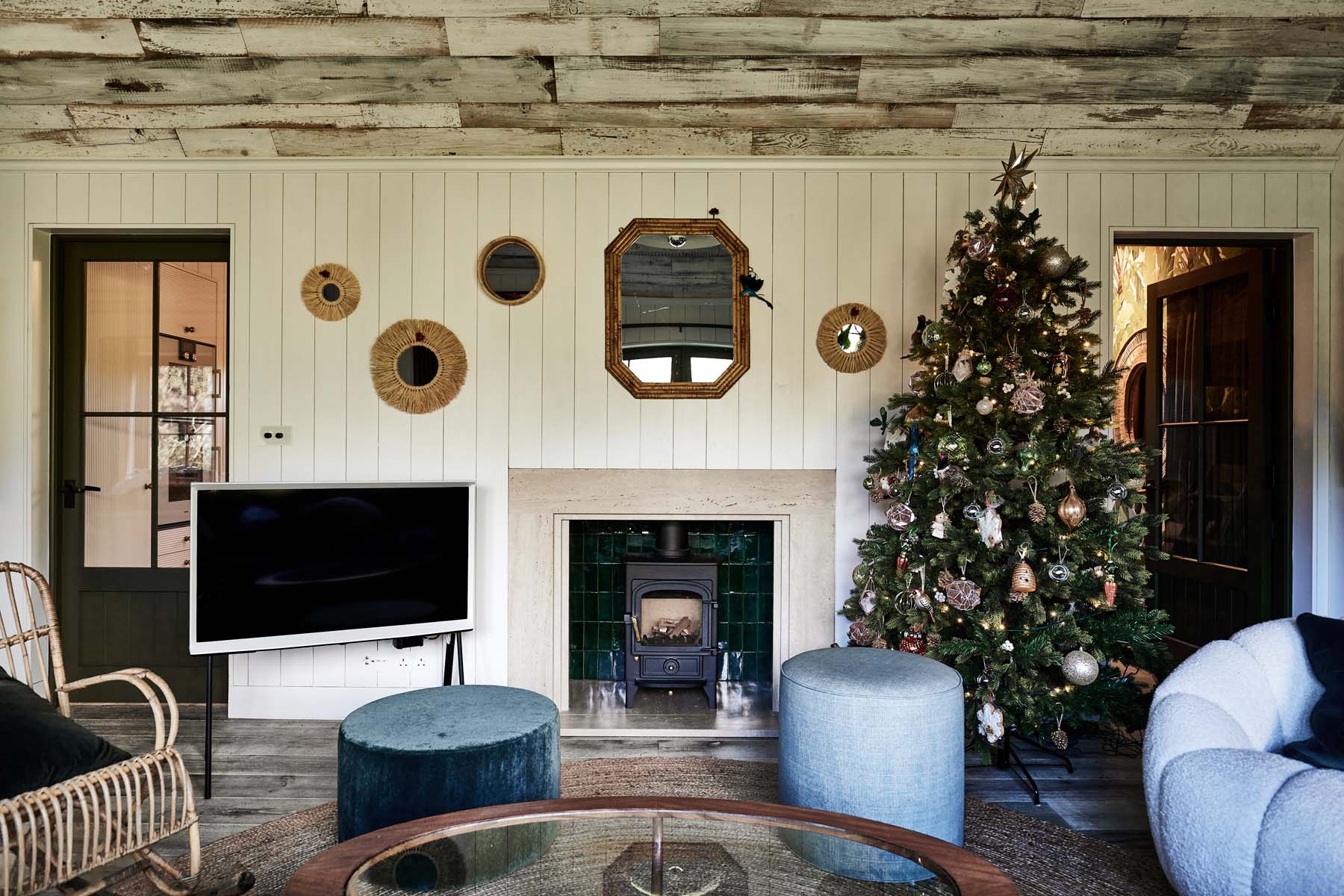 Living area with log burner, tv and Christmas tree