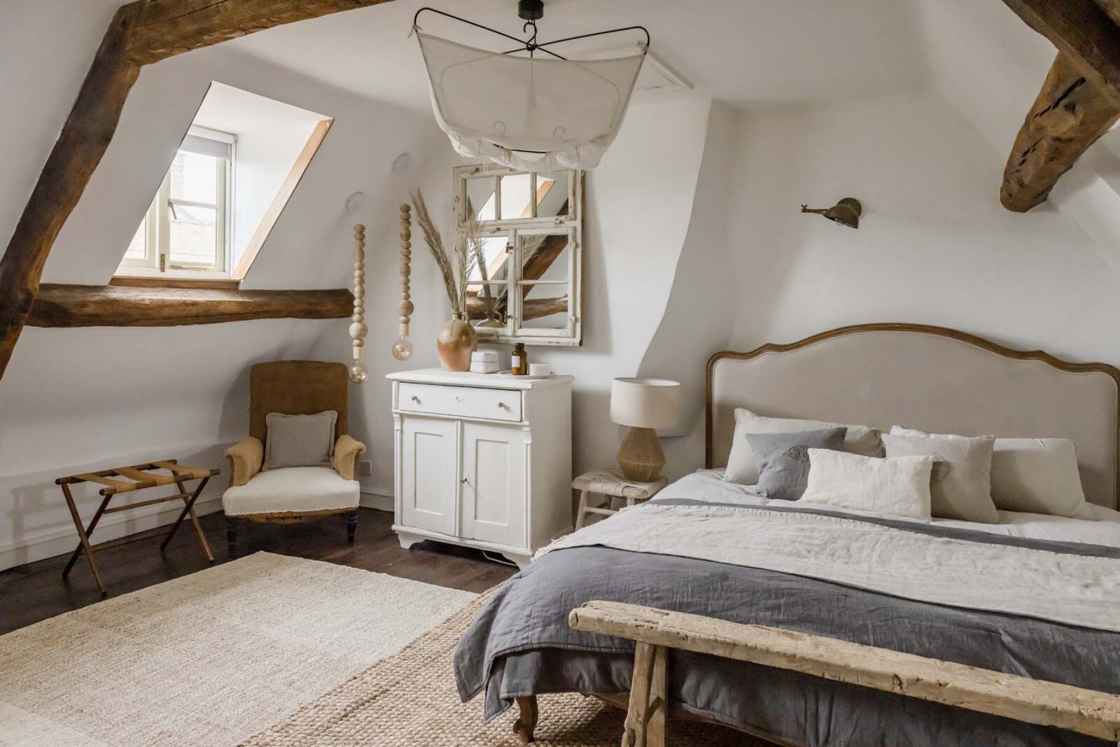 bedroom with wooden beams