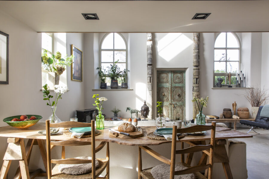 Converted chapel interior with modern bohemian decor