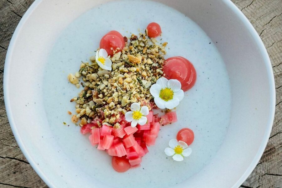 A sophisticated pudding decorated with flowers