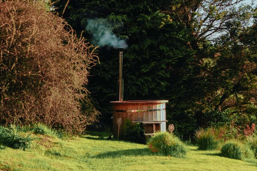wood-fired hot tub in garden